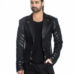 Black leather denim details lace tie up jacket