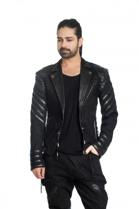 Black leather denim details lace tie up jacket