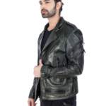 Goat Leather Dark Green Designer Biker Jacket with Black Zipper