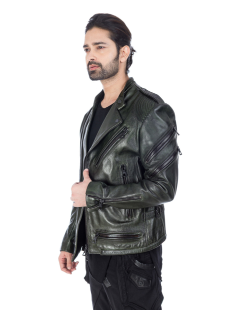 Goat Leather Dark Green Designer Biker Jacket with Black Zipper