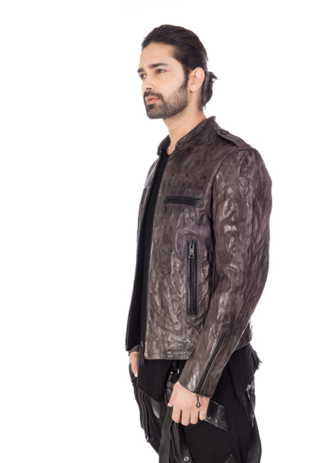 Slim Fit Crumble Designer Jacket with black metal zipper.  Smart Collar slim Fit Crumble Designer Jacket