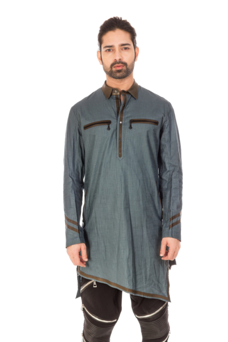 Pale Blue Cotton Linen Kurta Shirt with olive green leather detailing