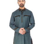 Pale Blue Cotton Linen Kurta Shirt with olive green leather detailing