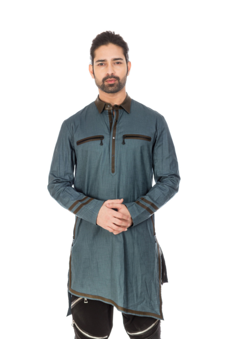 Pale Blue Cotton Linen Kurta Shirt with olive green leather detailing