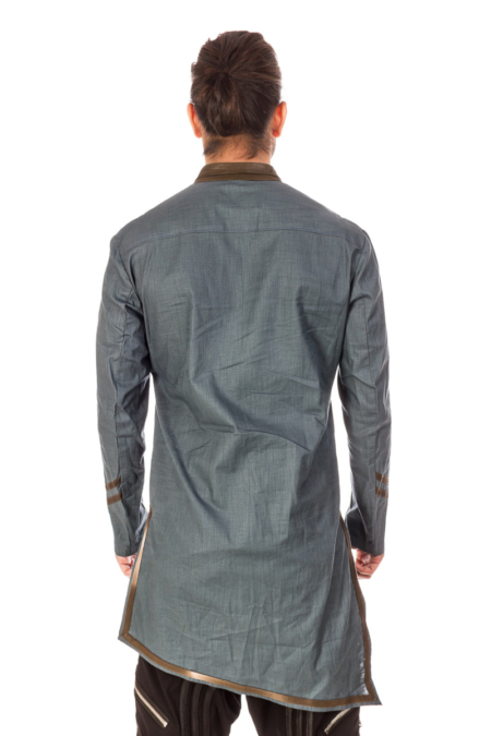 Pale Blue Cotton Linen Kurta Shirt with olive green leather detailing