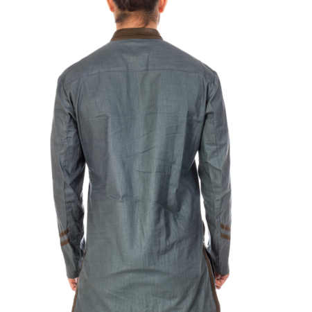 Pale Blue Cotton Linen Kurta Shirt with olive green leather detailing