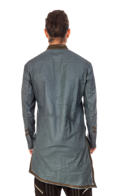 Pale Blue Cotton Linen Kurta Shirt with olive green leather detailing