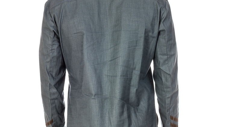 Pale Blue Cotton Linen Kurta Shirt with olive green leather detailing